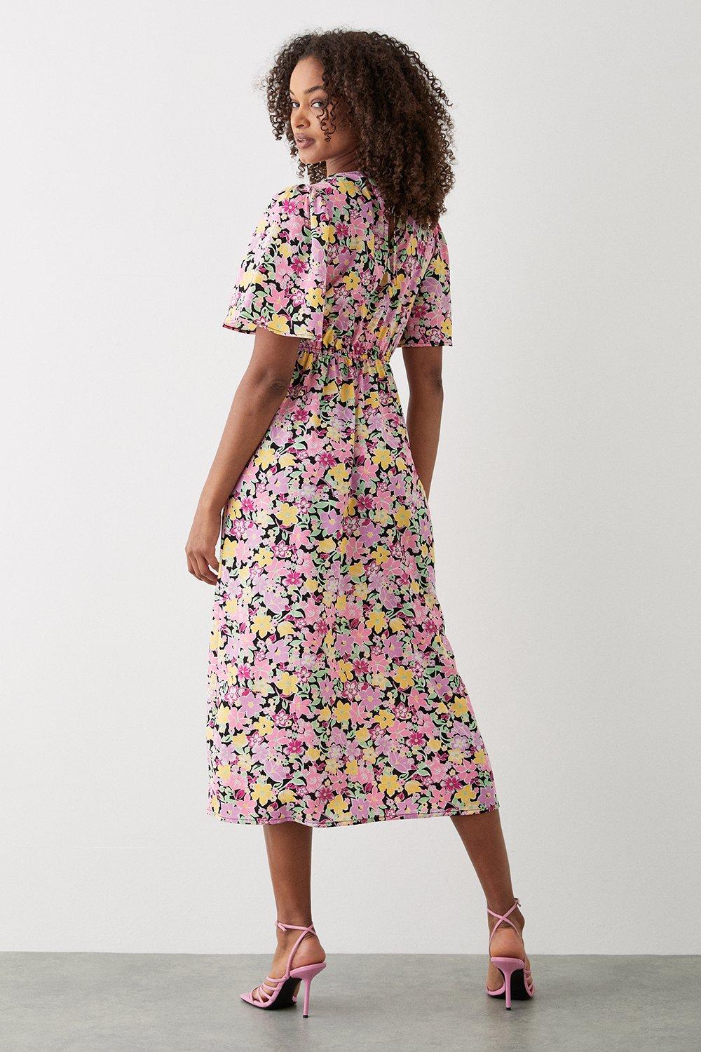 Pink Floral Flutter Sleeve Shirred Waist Midi Dress