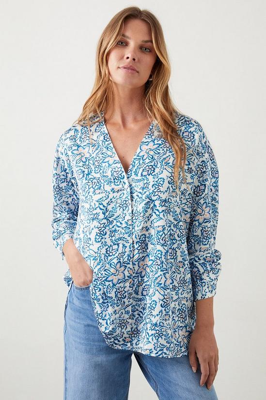 Dorothy Perkins Blue Floral Collarless Shirt 1