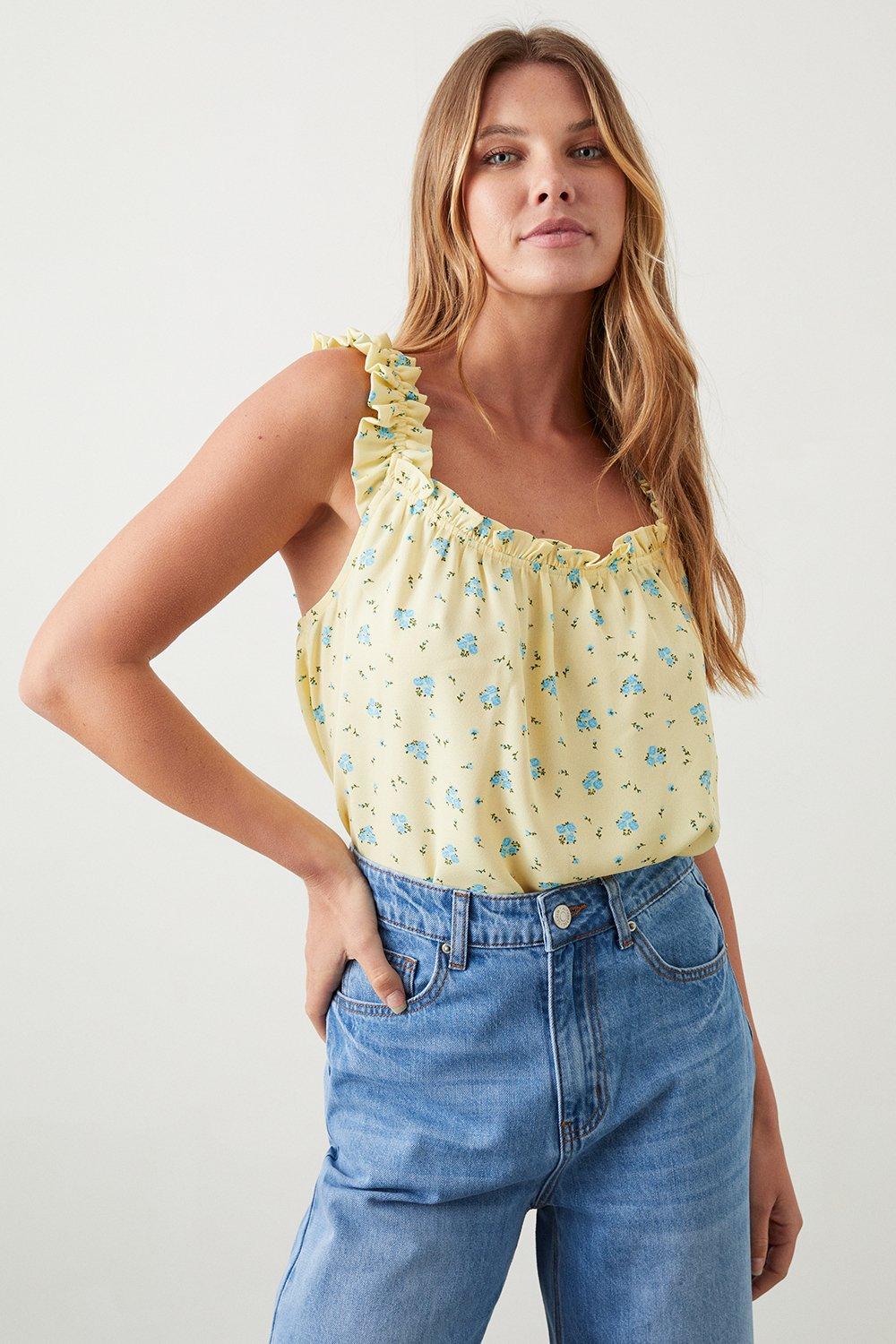 Women’s Yellow Ditsy Frill Strap Cami Top - 12