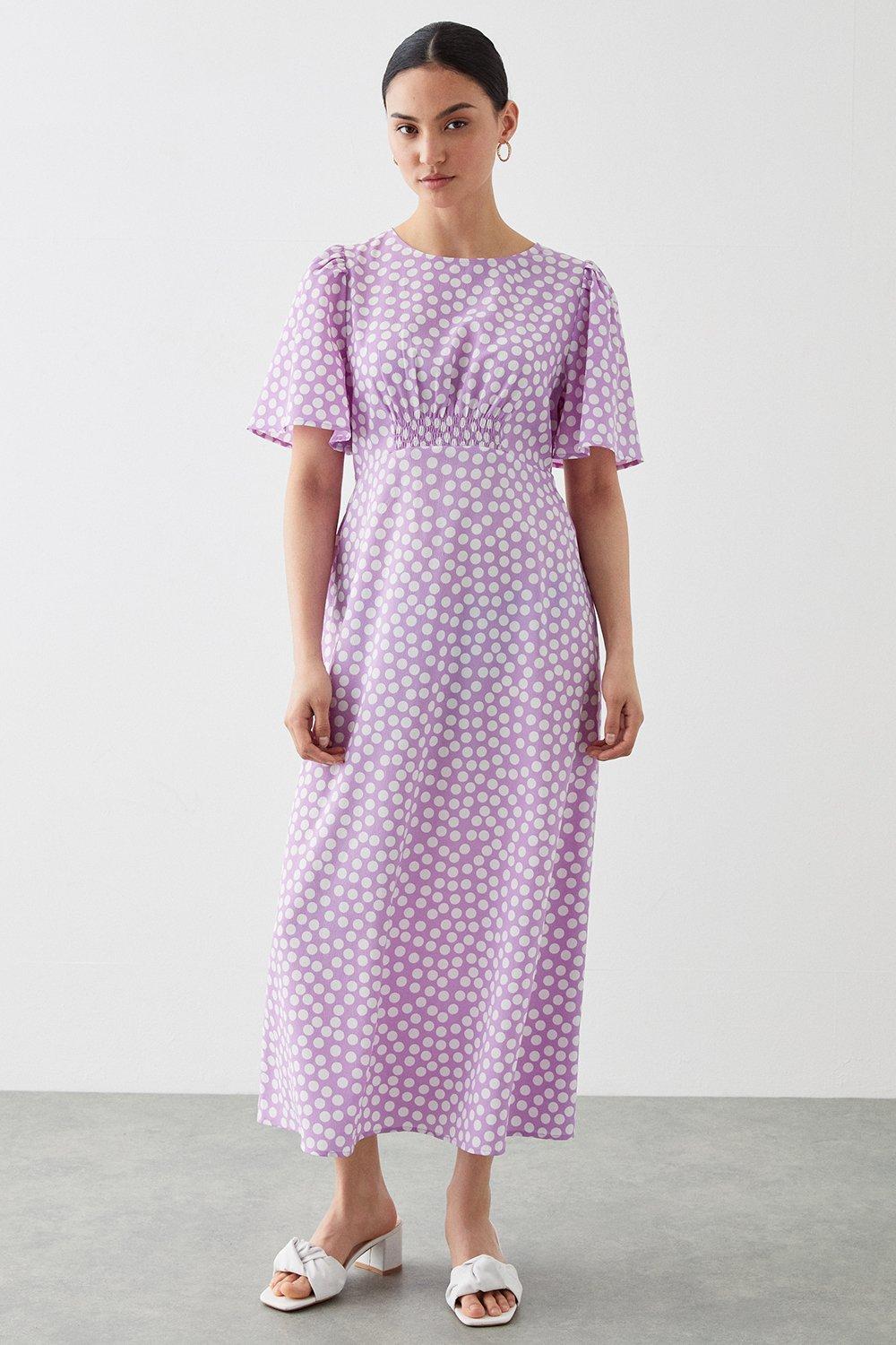 Dresses Petite Lilac Spot Flutter Sleeve Shirred Waist Midi