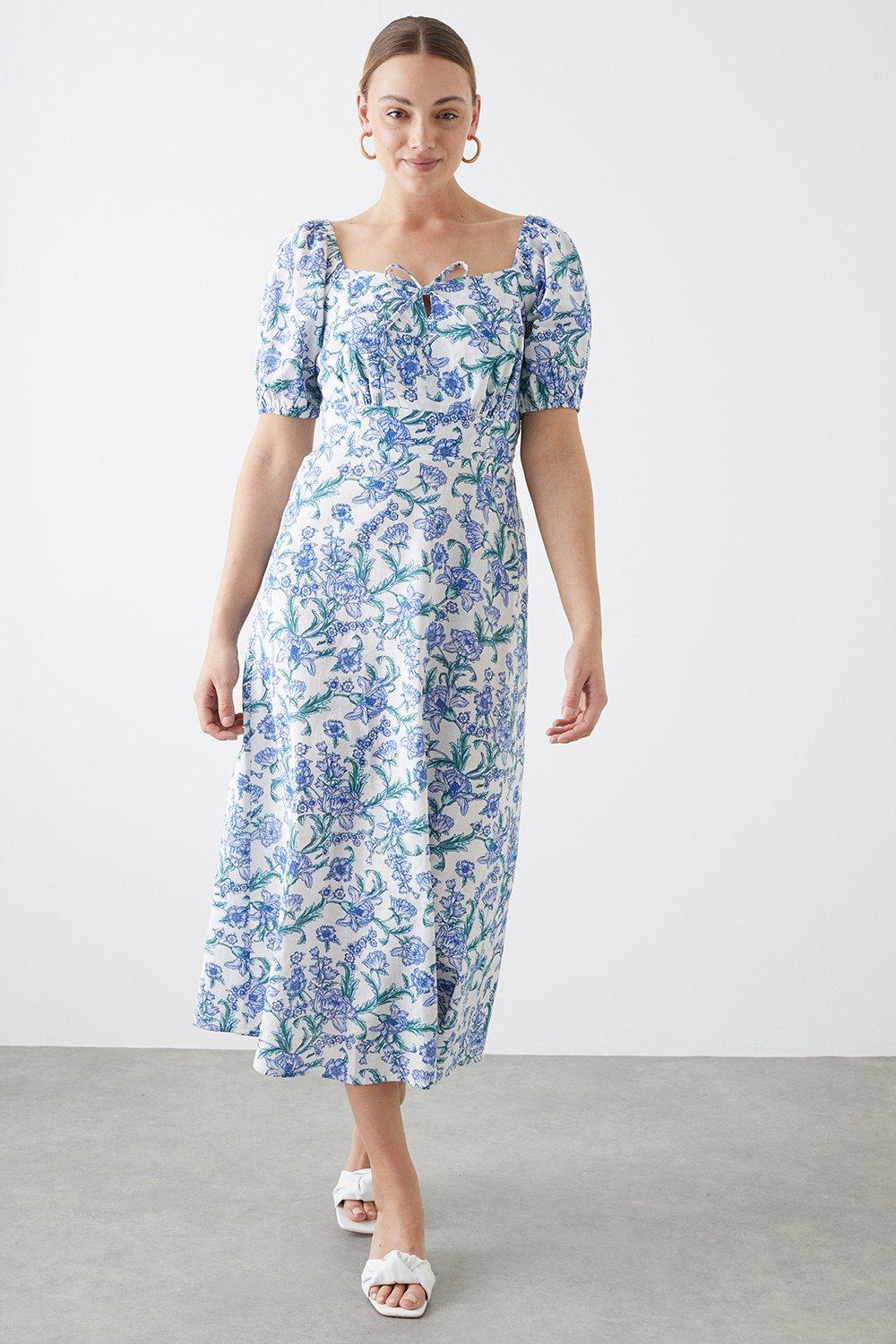 Dresses Tall Blue Floral Tie Front Midi Dress Dorothy Perkins