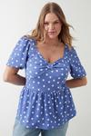 Dorothy Perkins Curve Blue Spot Ruched Front Blouse thumbnail 1