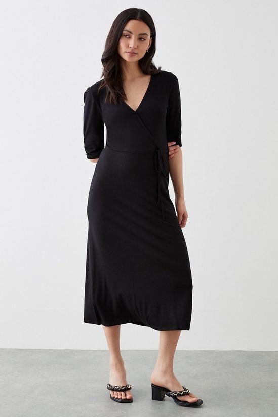 Dorothy Perkins Petite Black Ruched Sleeve Wrap Midi Dress 2