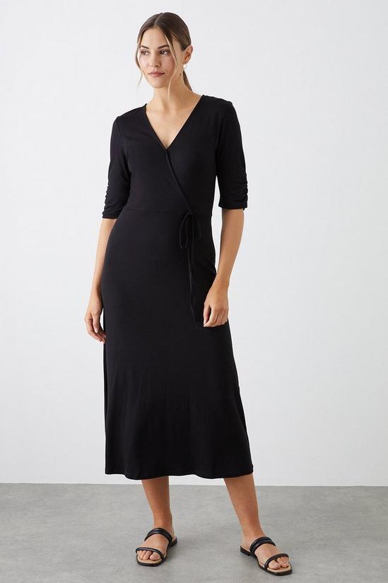 Dorothy Perkins Black Ruched Sleeve Wrap Midi Dress 1