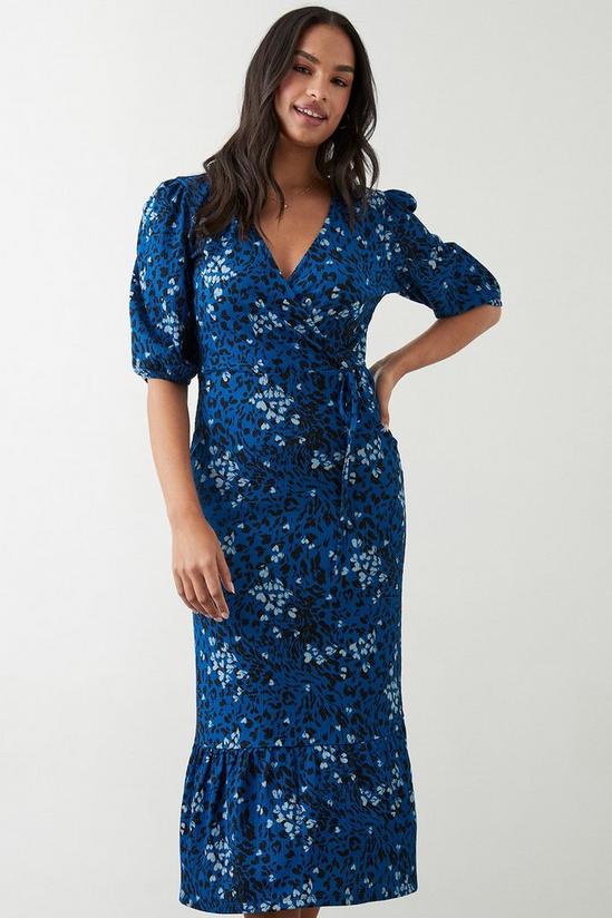 Dorothy Perkins Blue Printed Puff Sleeve Wrap Midi Dress 2