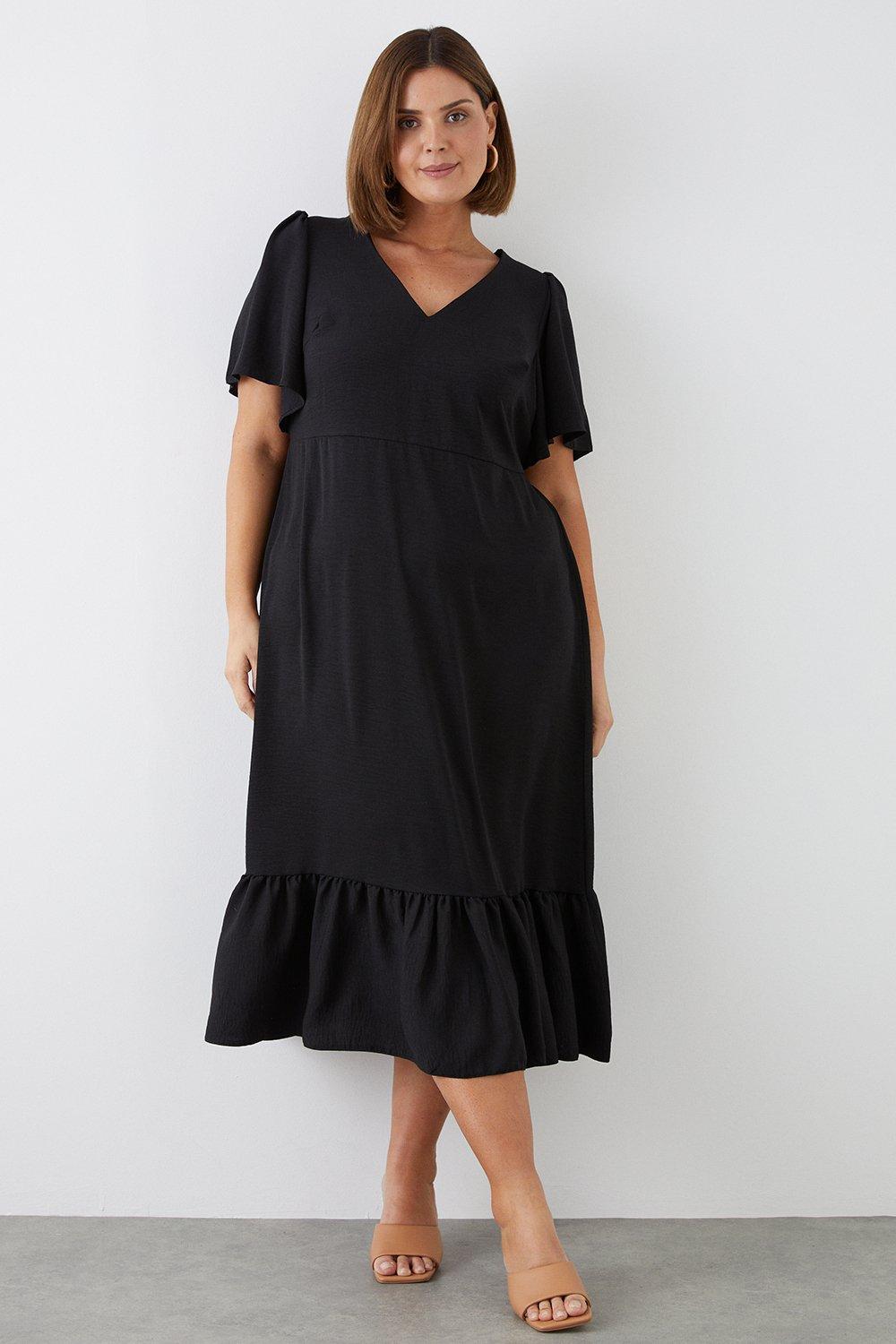 Women’s Curve Slub Angel Sleeve Midi Dress - black - 28