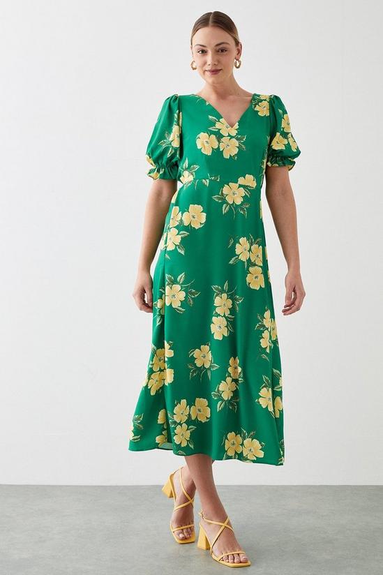 Dorothy Perkins Tall Green Floral Print V Neck Puff Sleeve Midi Dress 1
