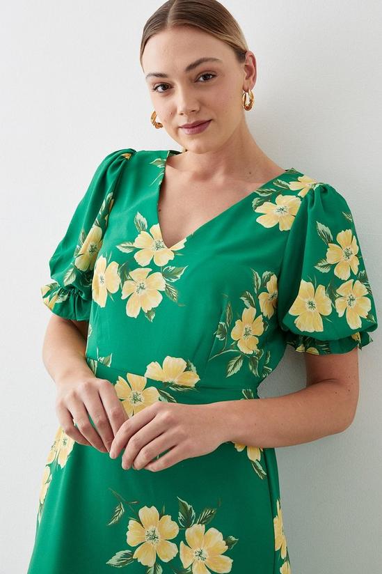 Dorothy Perkins Tall Green Floral Print V Neck Puff Sleeve Midi Dress 2