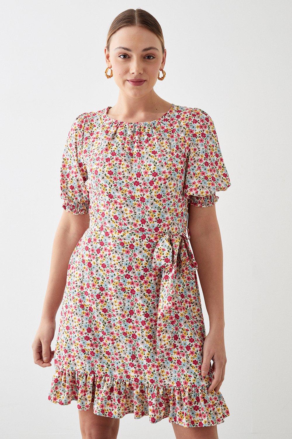 Women’s Tall Multi Ditsy Print Shirred Cuff Mini Dress - 18