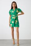 Dorothy Perkins Petite Green Floral Print Shirred Cuff Wrap Mini Dress thumbnail 1