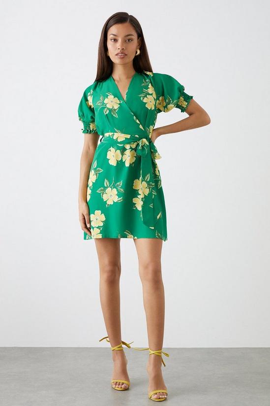 Dorothy Perkins Petite Green Floral Print Shirred Cuff Wrap Mini Dress 1