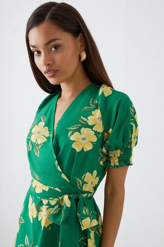 Dorothy Perkins Petite Green Floral Print Shirred Cuff Wrap Mini Dress 2