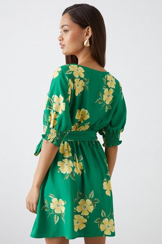Dorothy Perkins Petite Green Floral Print Shirred Cuff Wrap Mini Dress 3