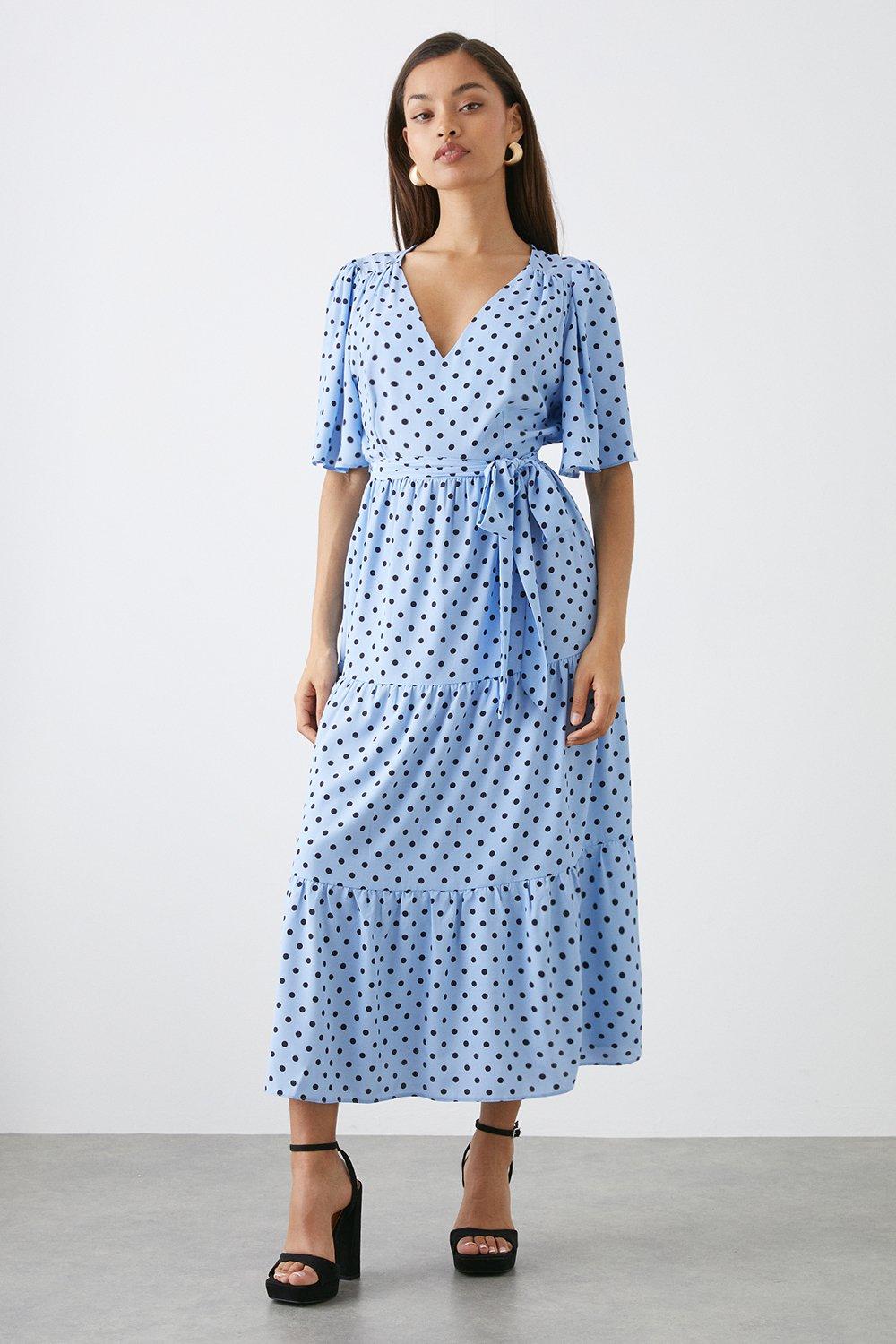 Womens Petite Blue Spot Print Tiered Flutter Sleeve Midi Dress