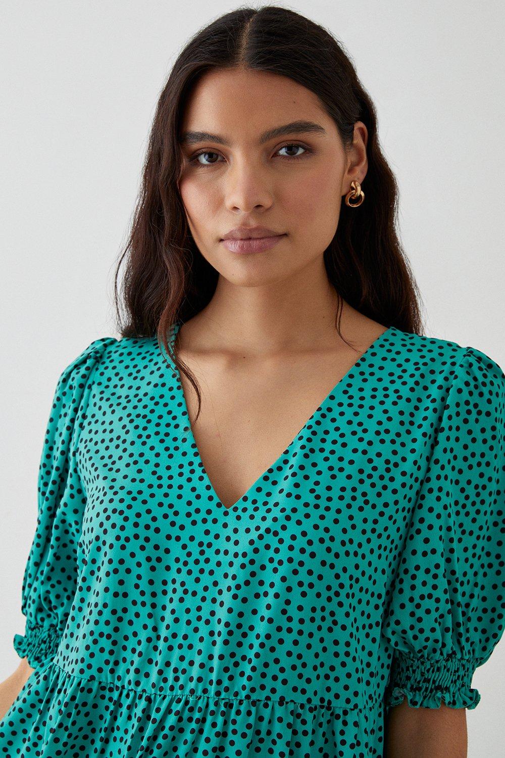 Women's Green Spot Print Shirred Cuff Smock Mini Dress - 10