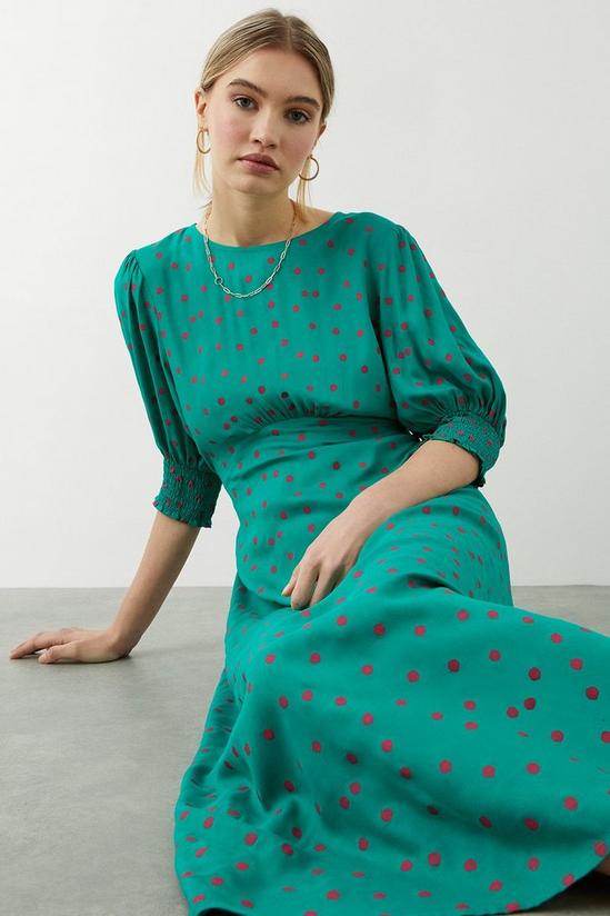 Dorothy Perkins Green Spot Print Shirred Cuff Midi Dress 1