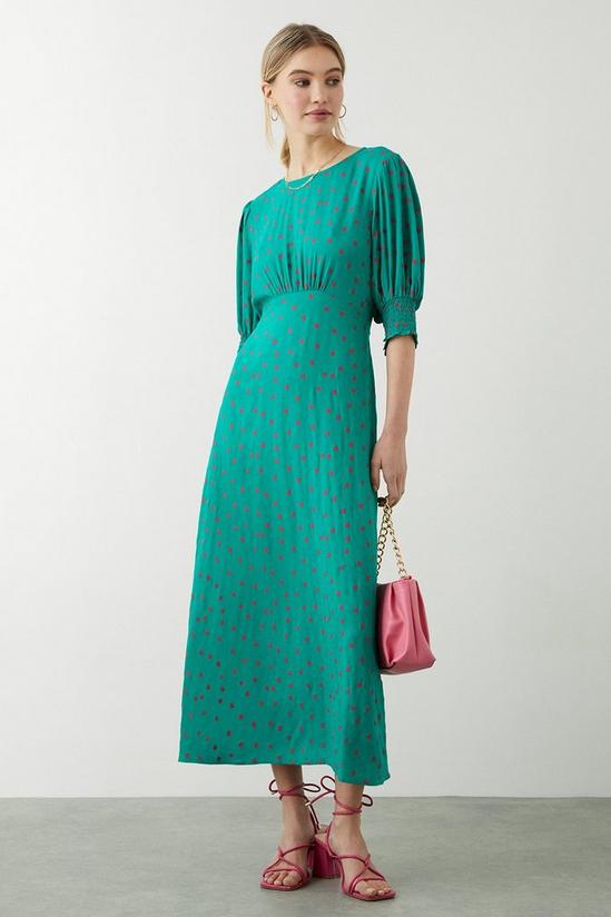 Dorothy Perkins Green Spot Print Shirred Cuff Midi Dress 2