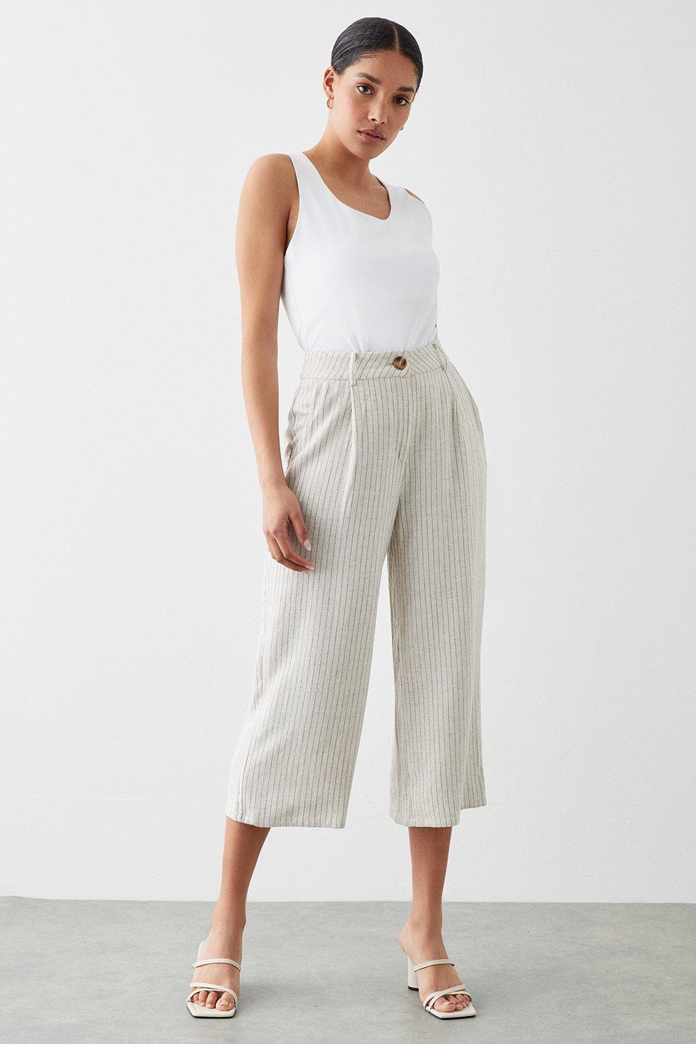 Women’s Striped Linen Blend Culotte Trousers - stone - 12