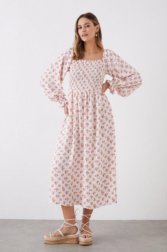 Dorothy Perkins Pink Print Shirred Bodice Midi Dress 1