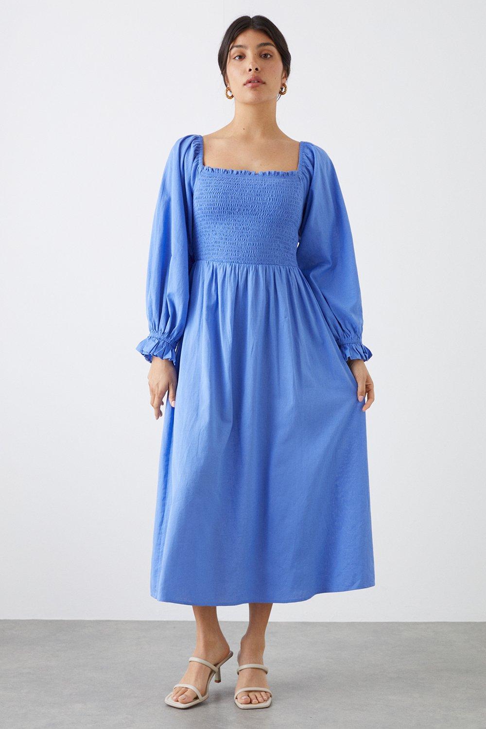 Women's Shirred Bodice Midi Dress - blue - 10