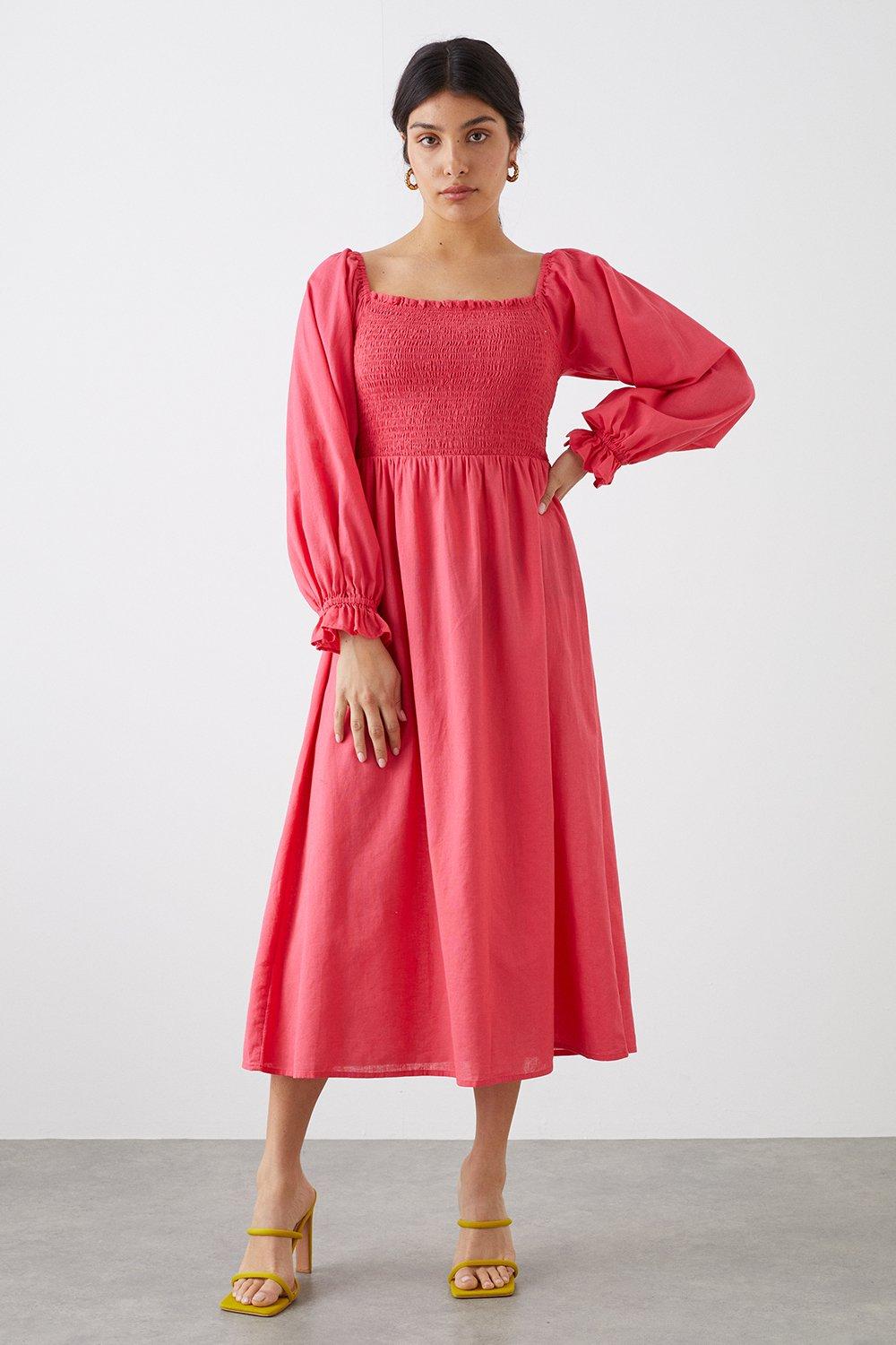 Women's Shirred Bodice Midi Dress - pink - 14