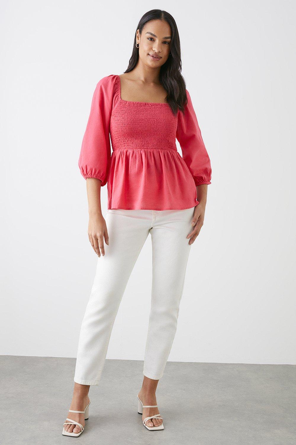 Womens Pink Shirred Bodice Blouse