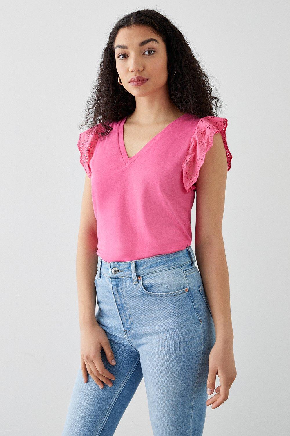 Women’s V Neck Frill Sleeve Top - pink - S