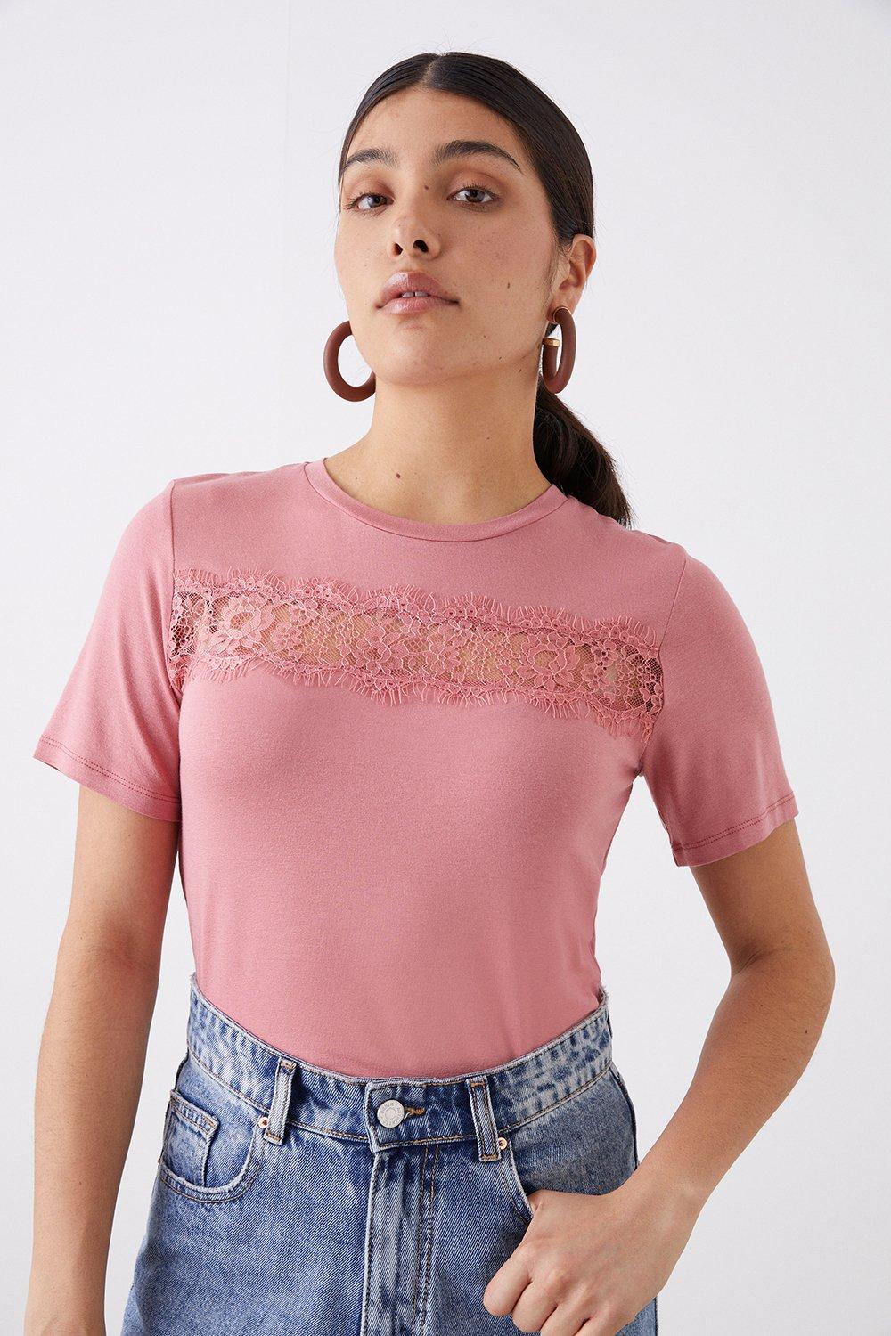 Womens Petite Lace Front Short Sleeve Top