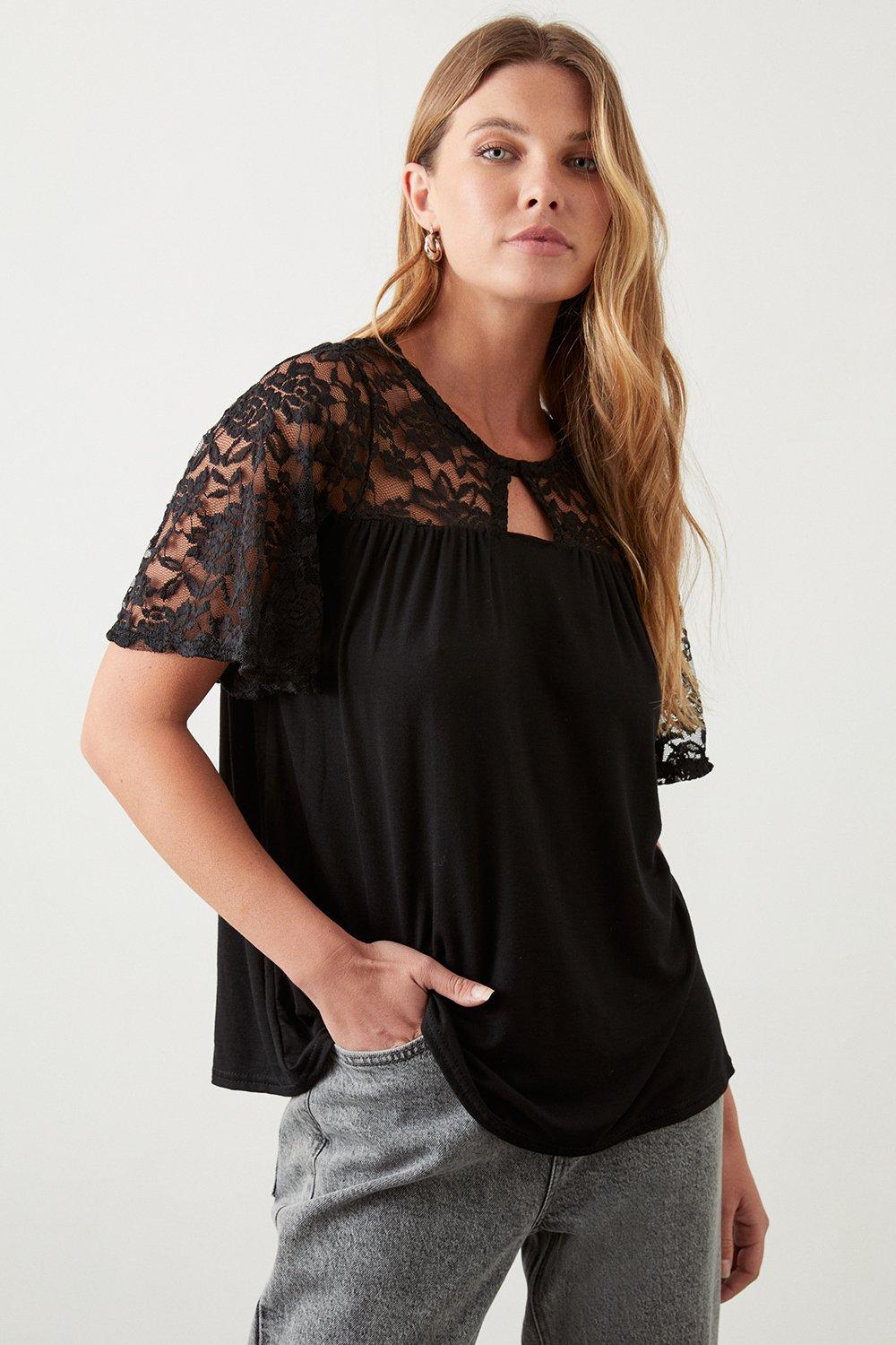 Womens Lace Keyhole Short Sleeve Top