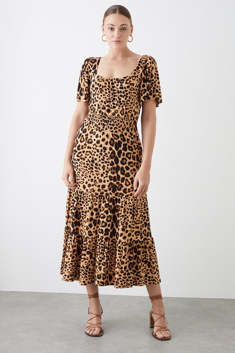 Women’s Tall Leopard Shirred Waist Tiered Angel Sleeve Midi Dress - 18