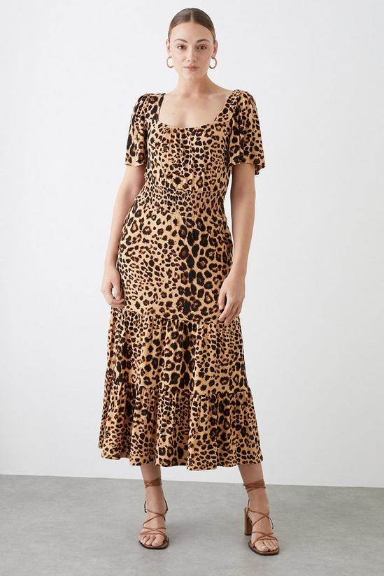 Dorothy Perkins Tall Leopard Shirred Waist Tiered Angel Sleeve Midi Dress 1