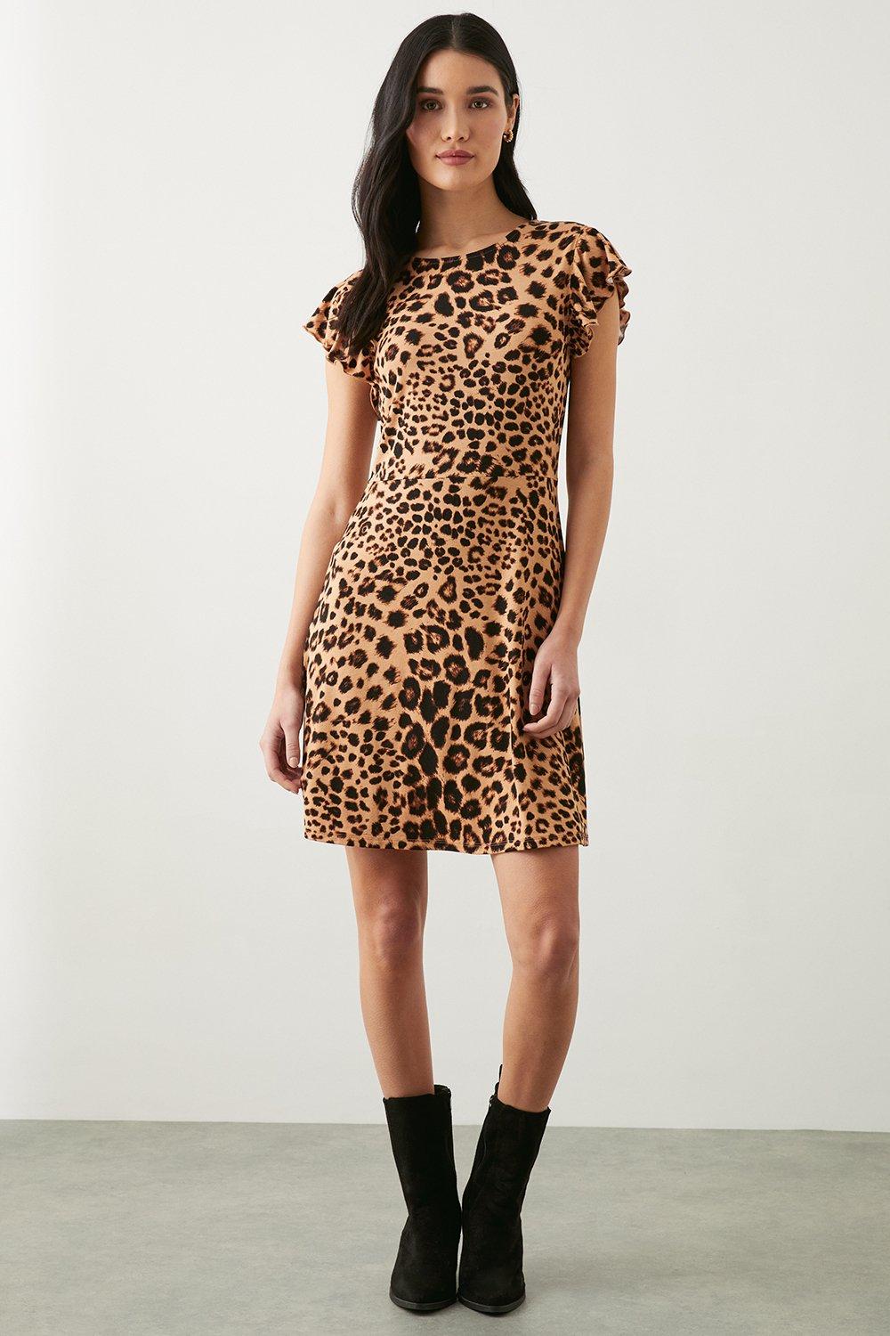 Women’s Leopard Printed Ruffle Shoulder Mini Dress - animal - 8