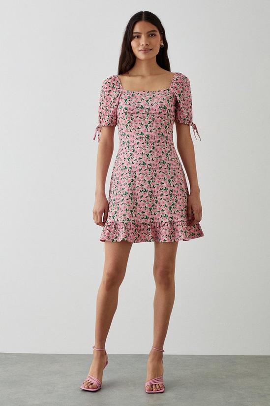 Dorothy Perkins Pink Floral Tie Sleeve Frill Hem Mini Dress 1