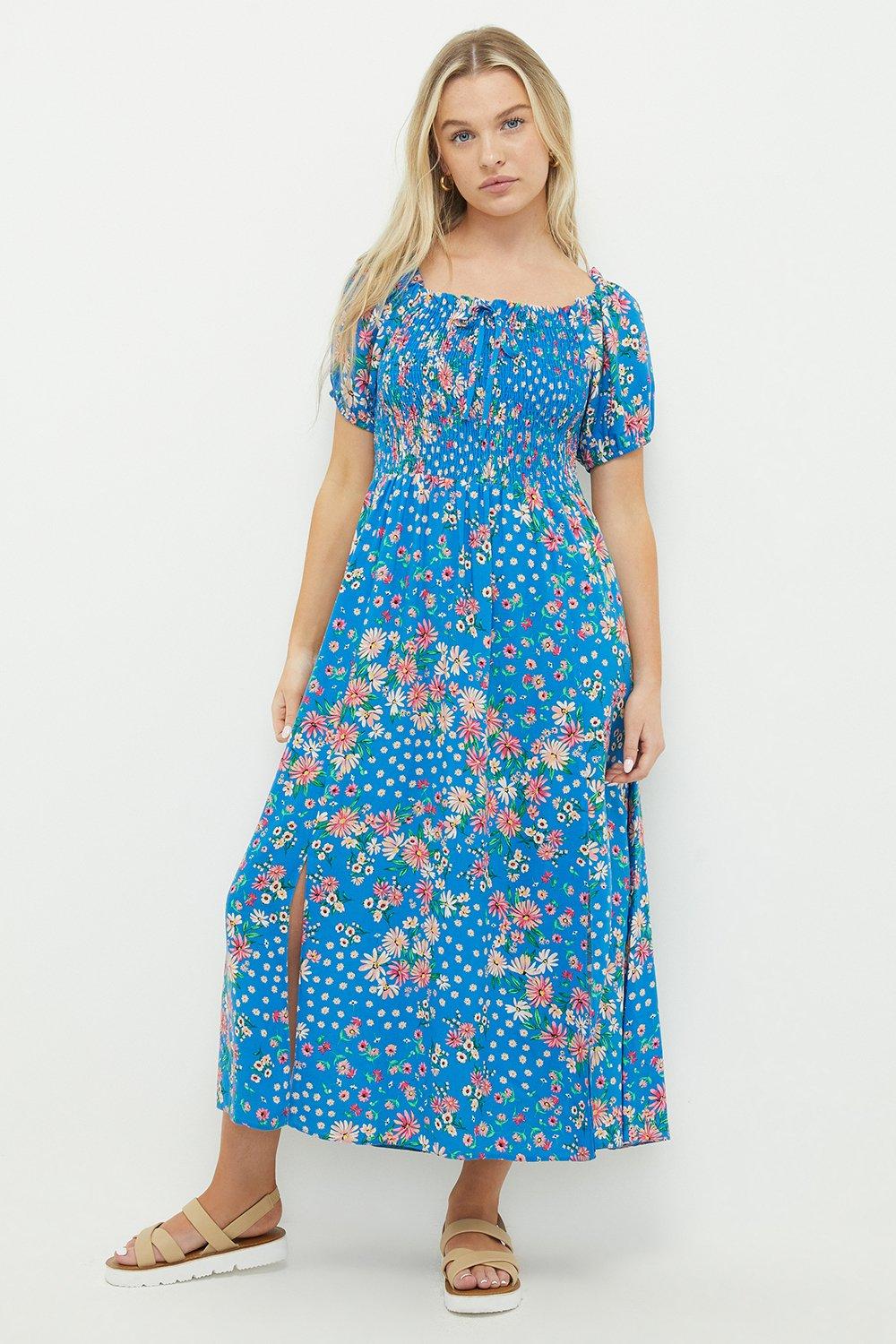 Womens Petite Blue Ditsy Shirred Bodice Midi Dress
