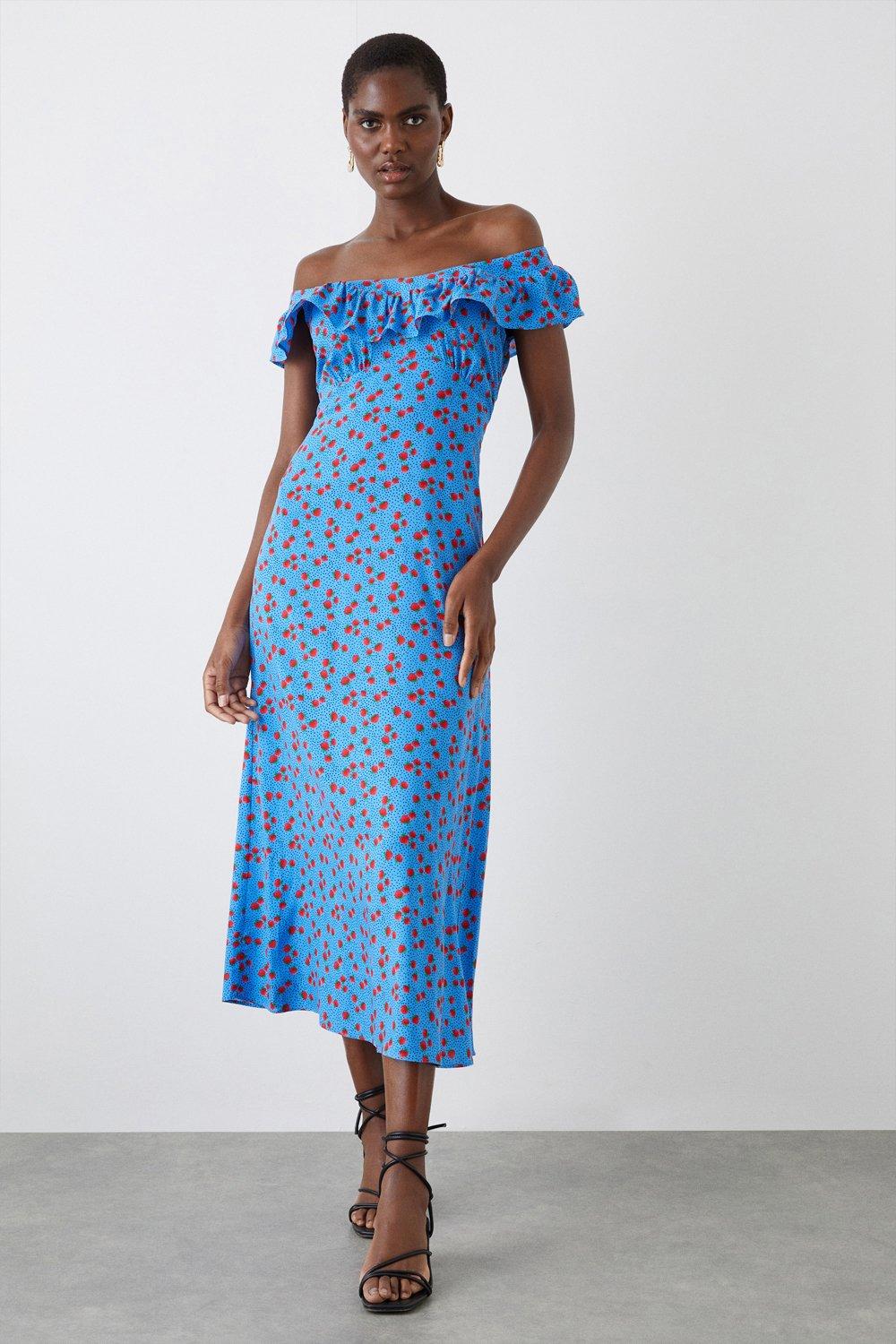 Womens Blue Strawberry Ruffle Bardot Midi Dress