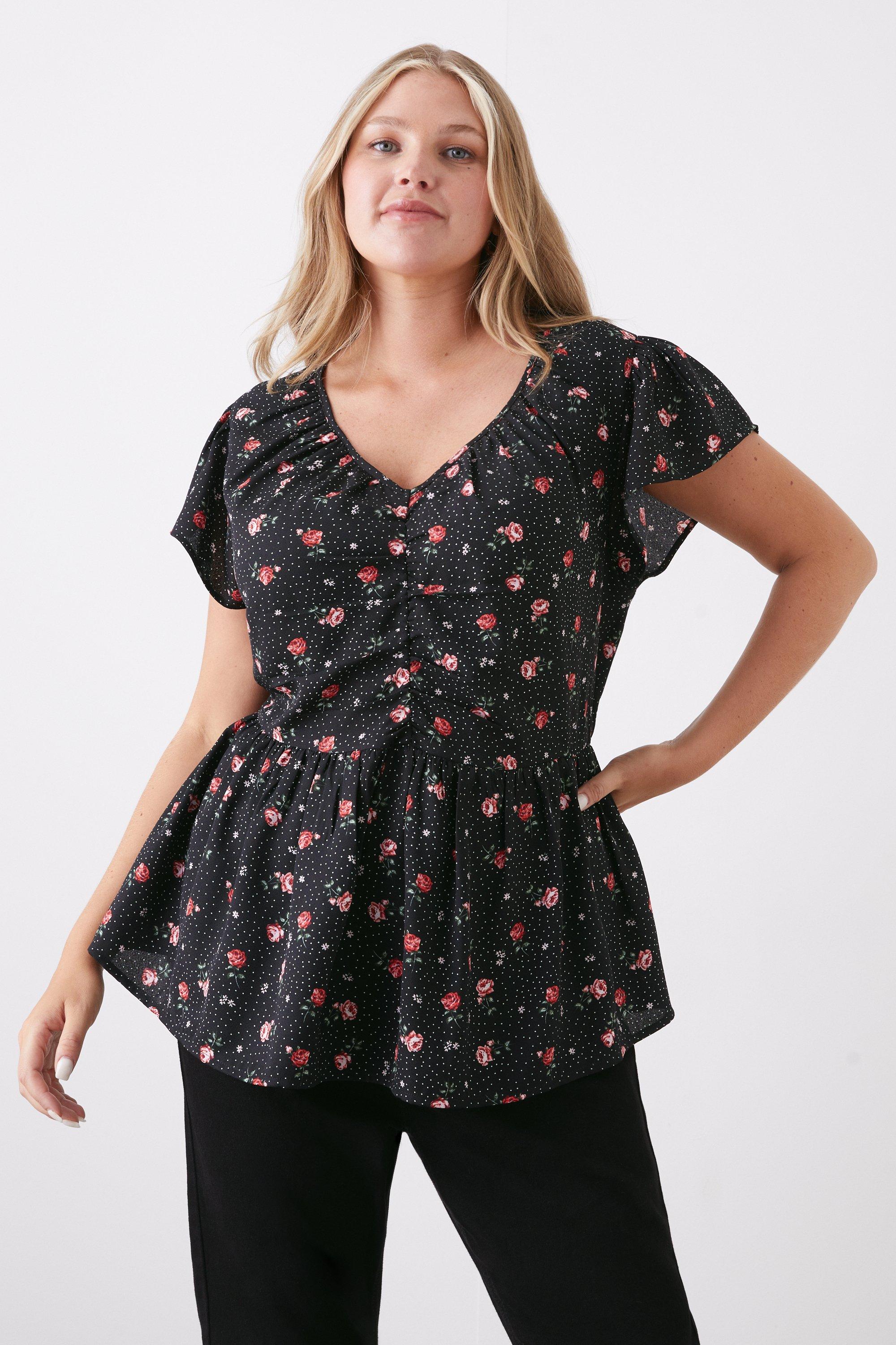 Women's Curve Ruched Front Angel Sleeve Blouse - black - 26