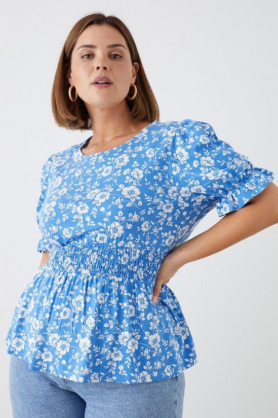 Dorothy Perkins Curve Blue Floral Shirred Waist Puff Sleeve Top 2