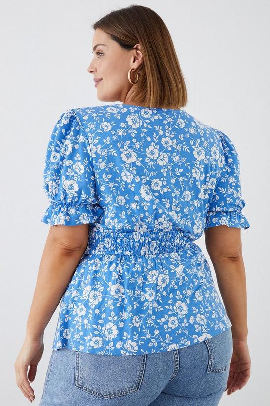 Dorothy Perkins Curve Blue Floral Shirred Waist Puff Sleeve Top 3