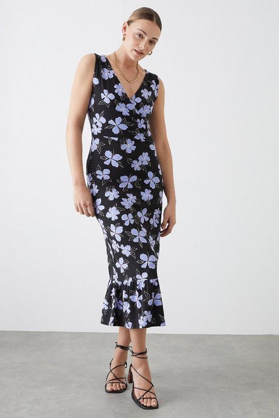 Dorothy Perkins Tall Black Lilac Floral Wrap Frill Hem Midi Dress 1