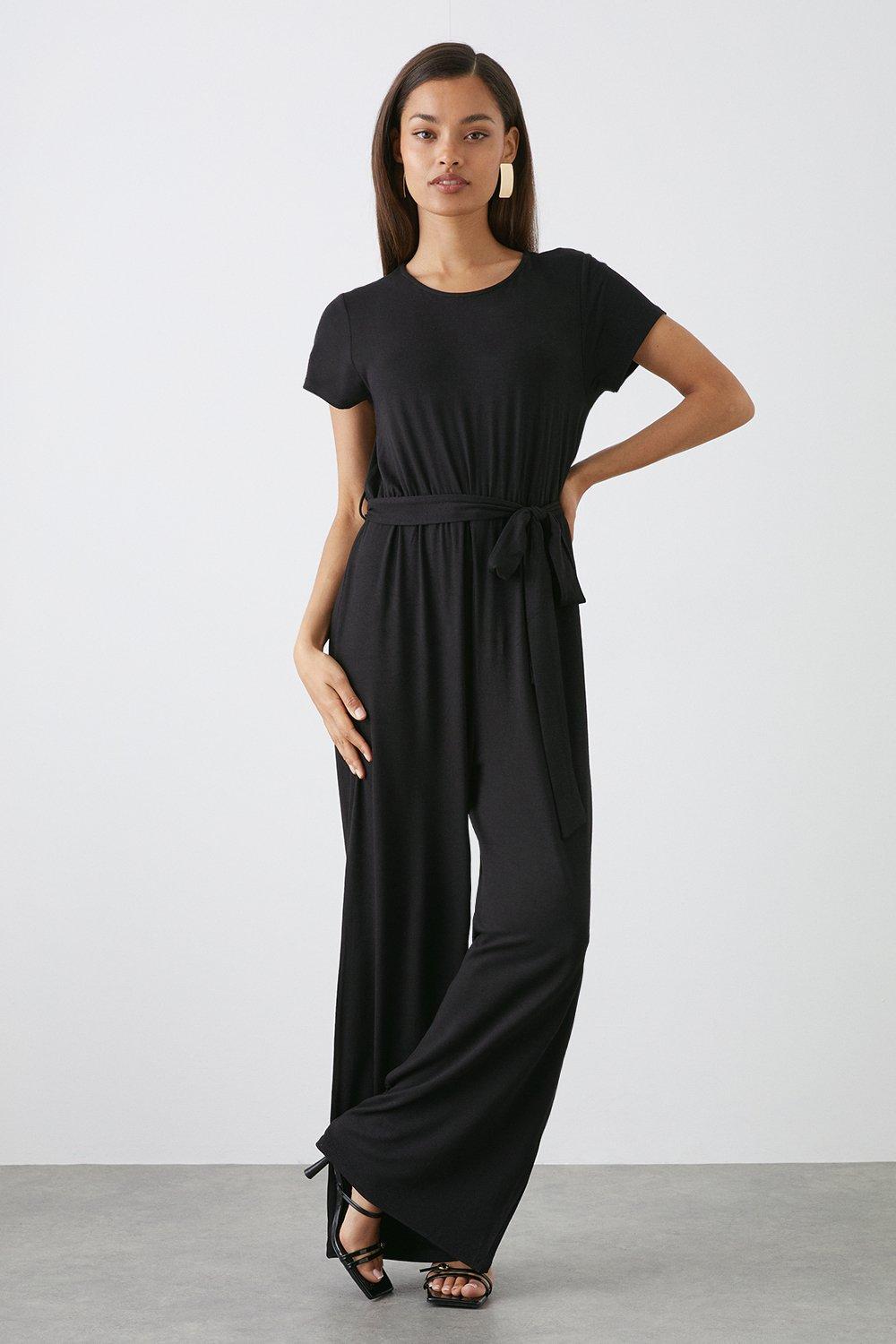 Jumpsuits | Petite Black Short Sleeve Tie Waist Jumpsuit | Dorothy Perkins