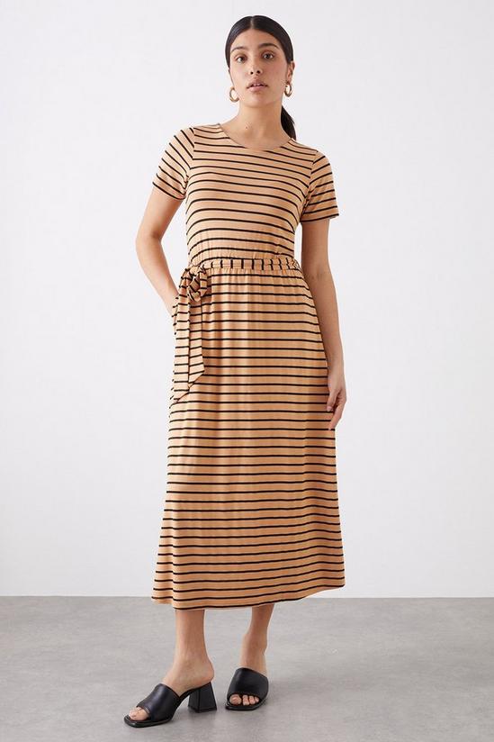 Dorothy Perkins Black Stone Striped Belted Midi T-shirt Dress 1