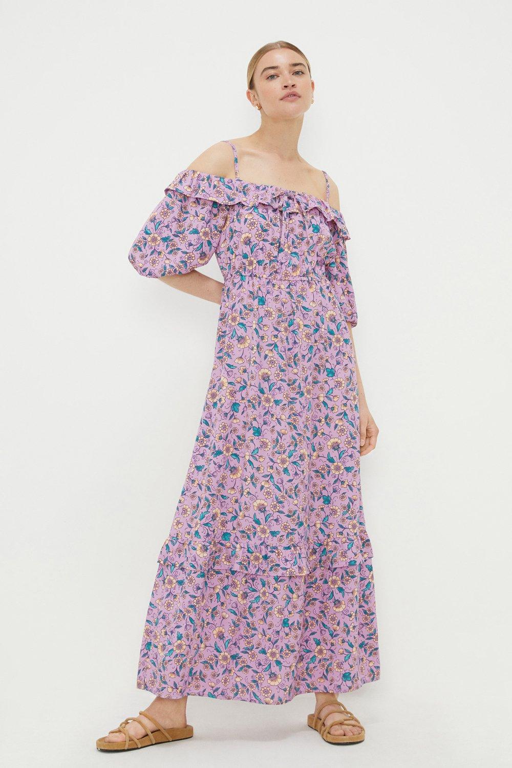 Women’s Purple Floral Ruffle Bardot Midi Dress - 18