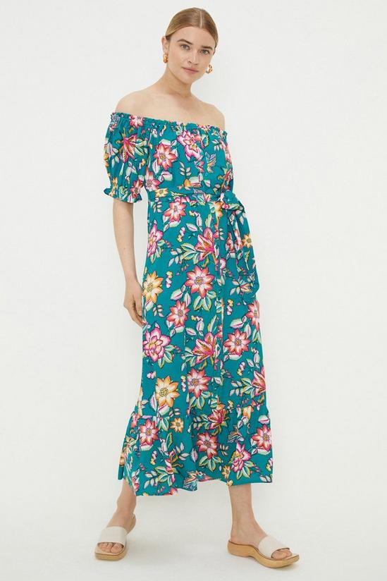 Dorothy Perkins Green Floral Button Through Bardot Midi Dress 1