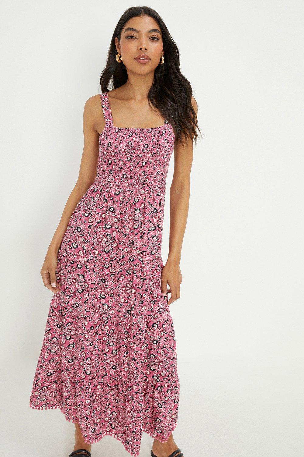 Dresses Pink Floral Pom Pom Trim Tiered Midi Dress Dorothy Perkins