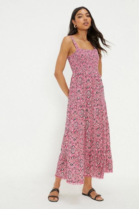 Dorothy Perkins Pink Floral Pom Pom Trim Tiered Midi Dress 2