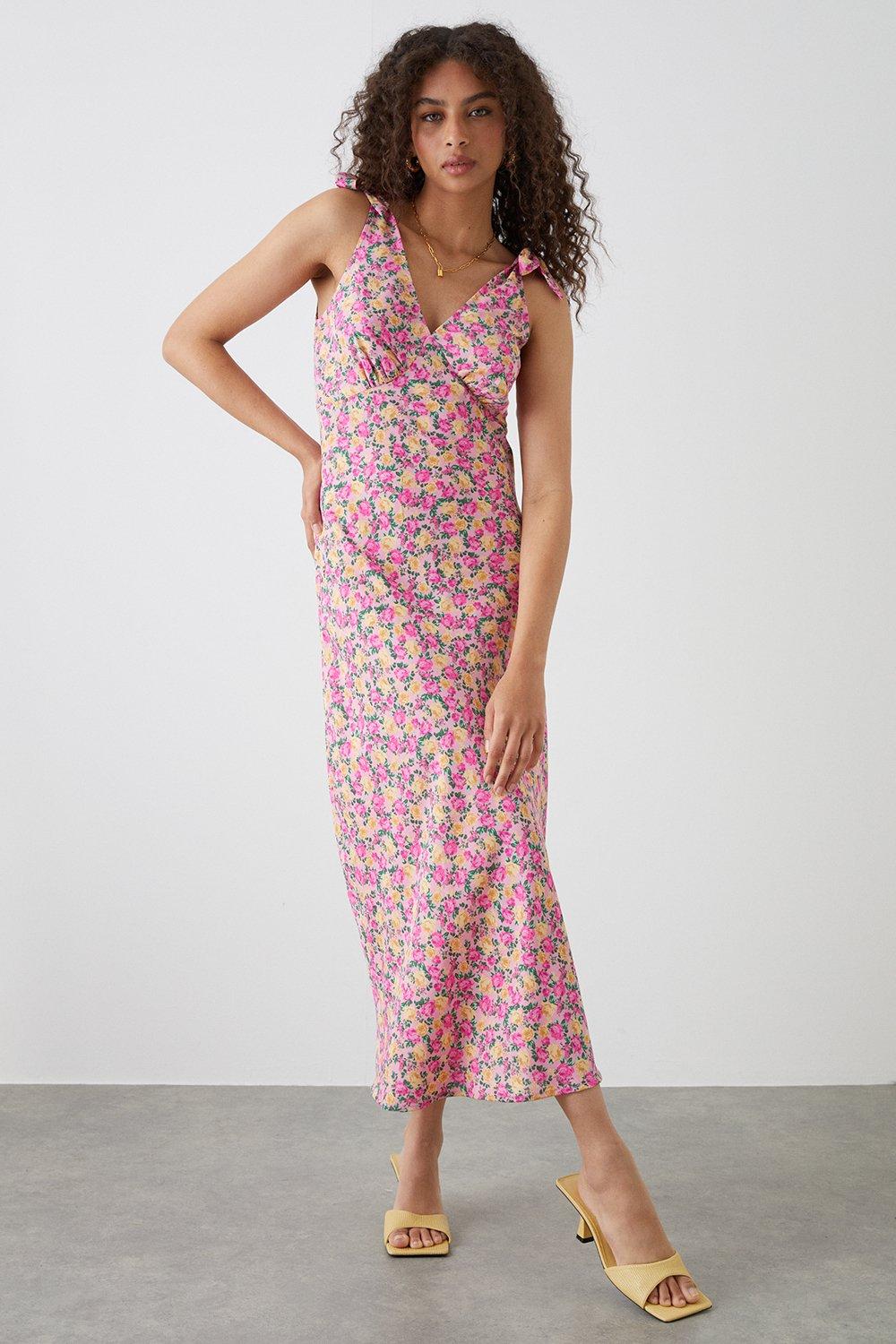 Women’s Tall Pink Floral Print Bias Cut Tie Shoulder Midi Dress - 12
