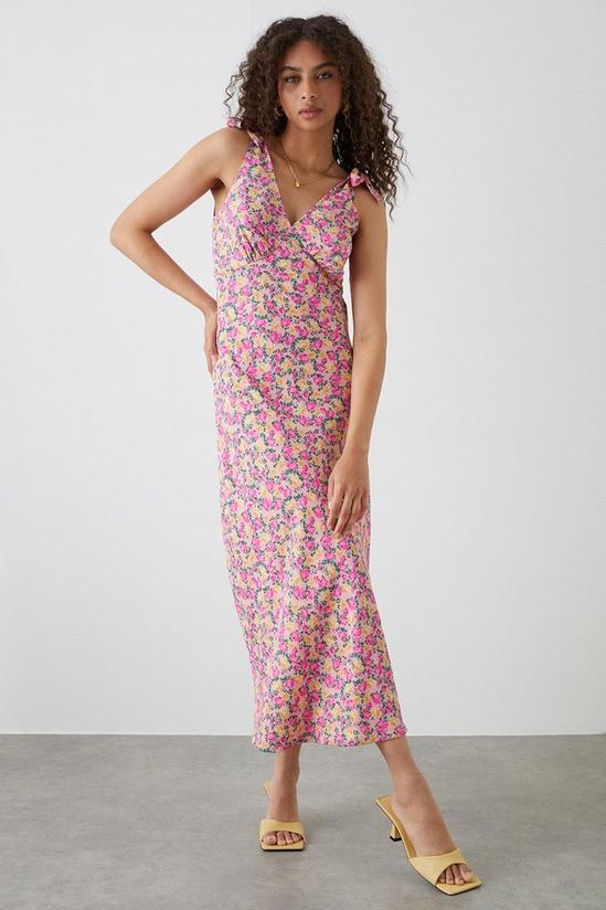 Dorothy Perkins Tall Pink Floral Print Bias Cut Tie Shoulder Midi Dress 1