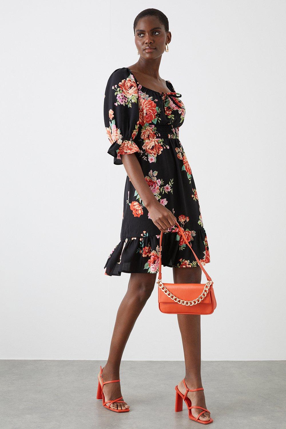 Womens Tall Black Floral Print Shirred Waist Tiered Mini Dress