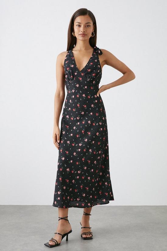 Dorothy Perkins Petite Black Floral Print Bias Cut Tie Shoulder Midi Dress 1