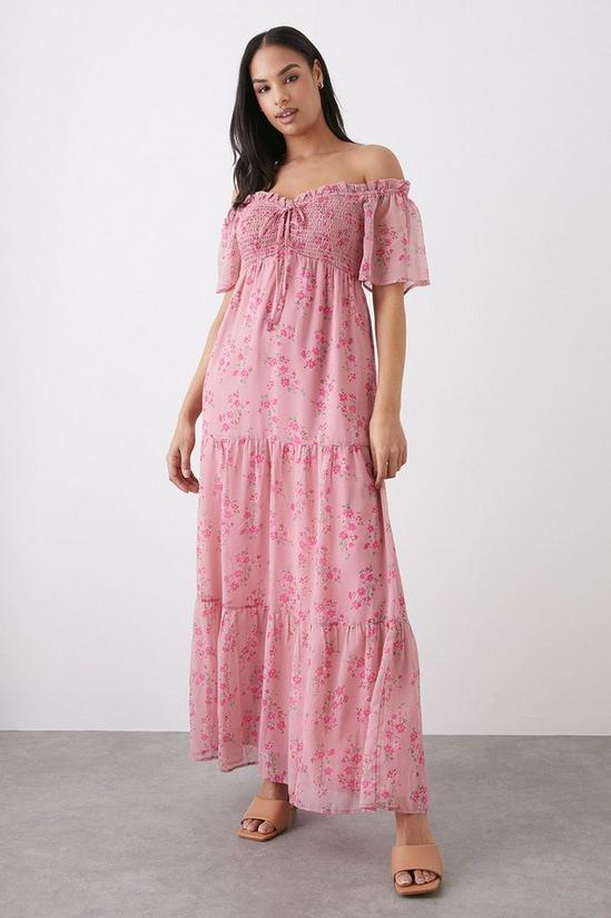 Dorothy Perkins Pink Floral Print Shirred Tiered Chiffon Bardot Maxi Dress 1